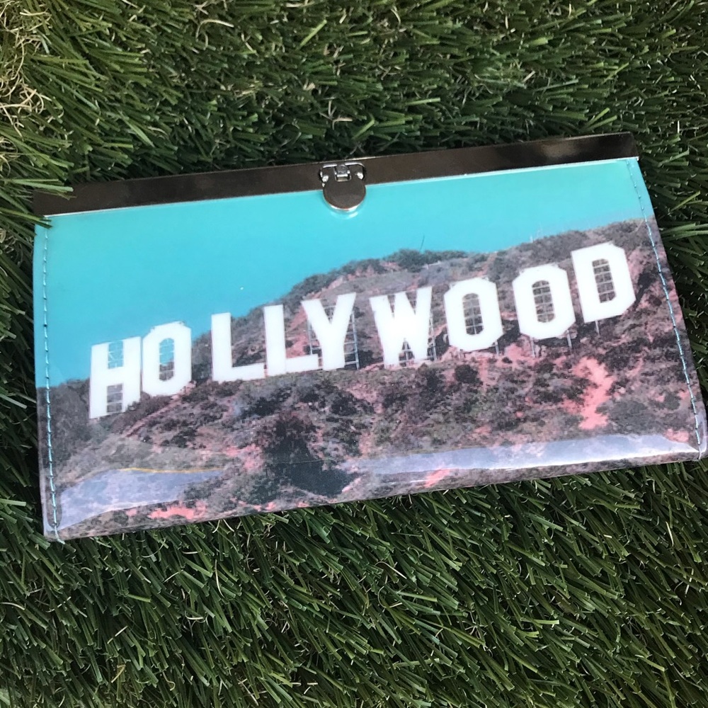 retro vintage patent hollywood sign clutch wallet